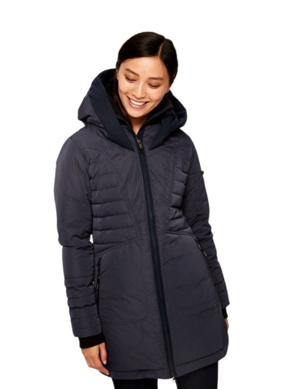Lole Emmy Black Puffer Coat 
Wrap collar quilted paneling down jacket Hooded